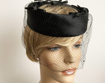 Vintage Black Silk Open Pill Box Hat with  Speckled Tulle Vail and Small Ribbon Adornments, Formal Hat, Elegant Hat, Party Hat