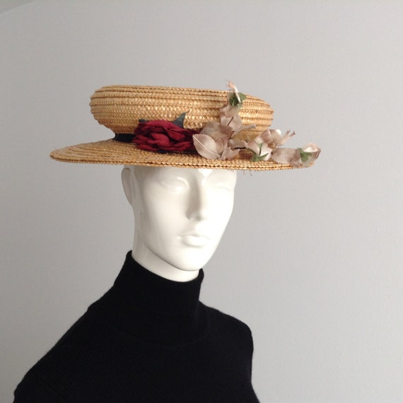 Vintage Natural Wide Brim Straw Hat , Floral Stra