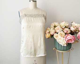 Vintage Beige Silk Camisole with Grey Floral Lace Adornment, Spaghetti Straps Camisole, Elegant Camisole, Versatile Camisole