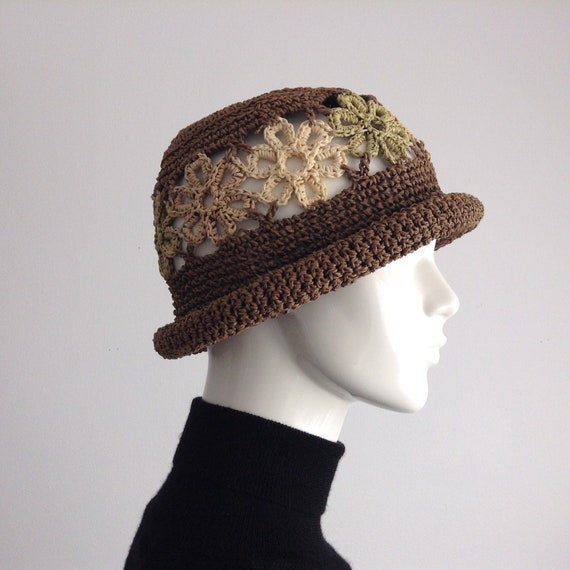 Vintage Brown Crocheted Straw Hat with Floral See-