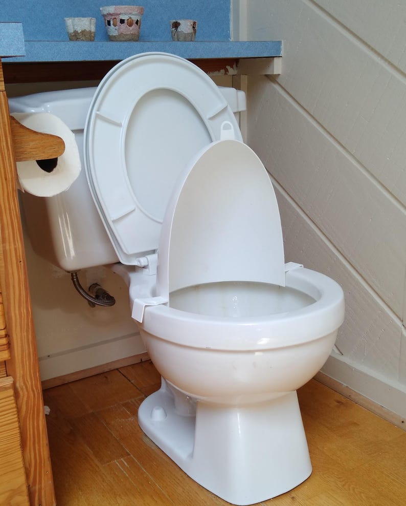 以下が含まれることがあります： 蓋と便座が上がった白い磁器製のトイレで、水色のカウンターと木製のパネルが背景にあります。トイレットペーパーのロールが左側の木製ホルダーにあります。小さな装飾用の鉢がカウンターに置かれています。