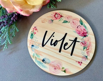 Custom Printed Name Plaque | Floral Wreath | Hanging Door Sign | Nursery Decor