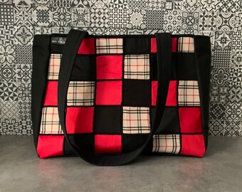 Large tote bag, tote bag, red, black, beige tiles, braids, handmade, Quebec, recovered materials