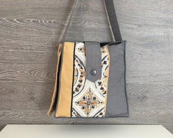 Bag tote/bag / medium / yellow-ochre fabric strips, patterns and textured gray / handmade in Quebec / recycled