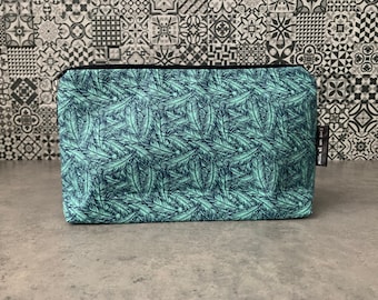 Pencil case, cosmetic pouch, turquoise and navy blue fabrics, feather motifs, handmade, Quebec, partly recovered materials