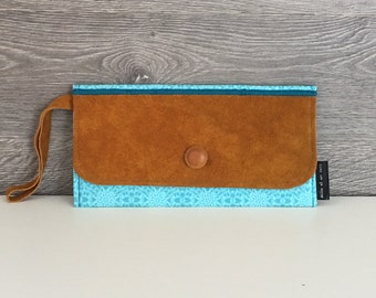 pouch in yellow/orange suede and cotton with recycled and recovered turquoise patterns/suede braid/magnetic button/handmade in Quebec