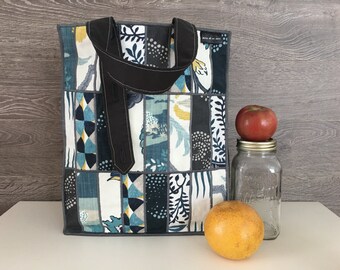 Large tote bag with adjustable strap/handmade/Quebec/patchwork/recovered materials,recycled/grey, blue,turquoise,white patterned fabrics