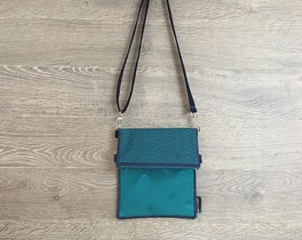Small turquoise shoulder bag/Navy details/feather patterns/handmade in Quebec/made from recycled and reclaimed materials