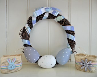 Easter Egg Wreath, 20cm Vine Wreath, Hand Painted Wooden Easter Eggs, Easter Decoration, Blue and Lilac Spring Wreath, Farmhouse Decoration