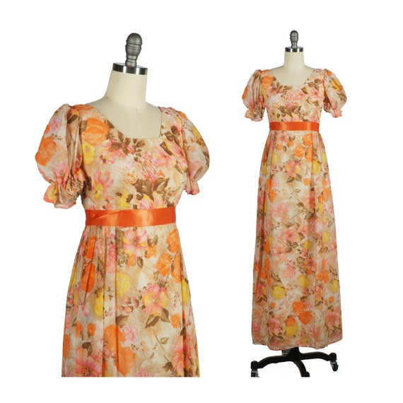 70s Puff Sleeve Dress - Pastel Florals Dress - Ora
