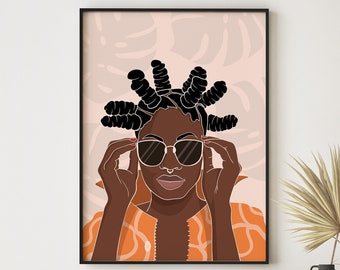 Black Woman Abstract Art, Afro Bun Art, Fashion Art Print, Female Portrait Print, Black Girl Wall Art, African American Art, Feminine Print