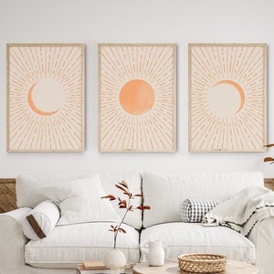 Sun and Moon Wall Art Set Of 3, Boho Sun Rays Print, Geometric Wall Art, Sunrise Art Prints, Beige Wall Decor, Digital Printable Art