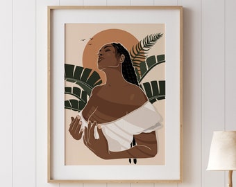 Black Woman Wall Art, African American Wall Art, Thick Braided African Woman Art, Black Girl Print, Woman Illustration, Boho Woman Art Print