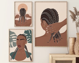 Black Woman Art Set of 3, Braids Art Print, Braided Afro Girl Art, Afro American Art Braids Lover Art Black Girl Wall Art Women Gallery Wall