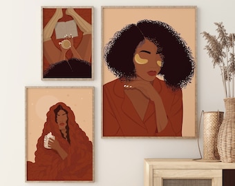 Black Woman Art Set of 3 Prints, Self Care Prints, Boho Woman Art, Black Girl Wall Art, Feminine Digital Prints, Women Gallery Wall Set of 3
