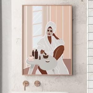 Black Woman In Bathrobe, Self Care Print, Bathroom Wall Print, Boho Black Girl Fashion Print, Feminist Poster, Feminine Wall Art Print