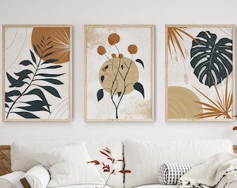 Mid Century Modern Wall Art Botanical Print Set, Boho Wall Decor, Wall Prints Set of 3 Tropical Monstera Art Print, Gallery Wall Art Set