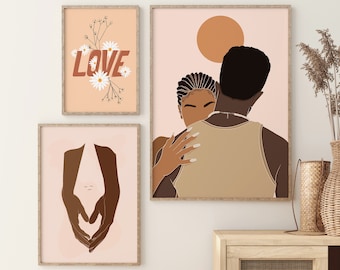 Black Couple Wall Art Set Of 3 Pieces, Bedroom Afro Art, Love Art Print, Abstract Afro American Couple Wall Art, Black Love Poster Art