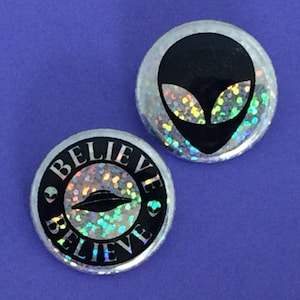 Alien Holographic Button Pack 1 1/4" Pin-back buttons, X-files and Alien Inspired Buttons, Backpack Buttons, Stocking Stuffer