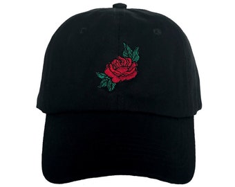 Red Rose Baseball Cap, Tumblr Baseball Cap, Cool Dad Hat, Custom Dad Hats, Embroidered Black Baseball Caps, Low Profile, Adjustable