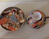 Japanese antique satsuma sozan fine porcelain cup and saucer and creme jug,gold gilding.hand painted