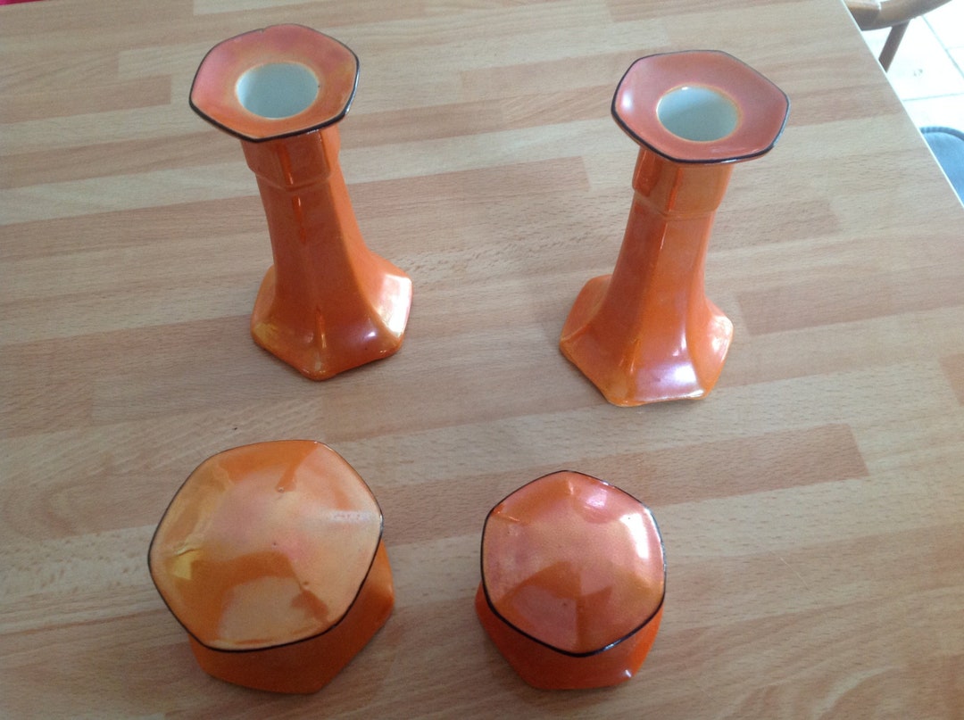 Antique Orange Candle Holders and Trinket Potsdressing Table Etsy