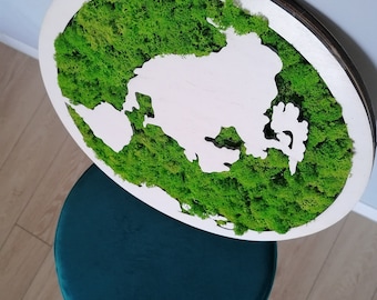 Moss world map. Preserved moss wall. Laser cut art. Moss decor wih wood.