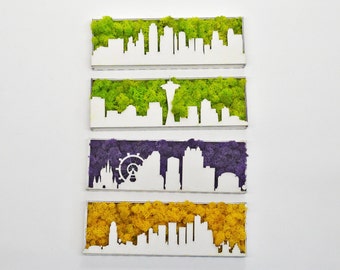 Custom city skylines. Moss skylines. Laser cut design. Green wall art. Wood city skyline.