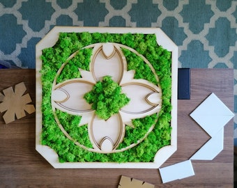 Custom made wood&moss canvas. Custom mandala. Moss decoration. Eco-friendly decor