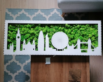 Custom moss city skyline. Laser cut skyline. Moss design. Eco-friendly design.