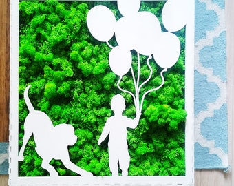 Moss wall art. Boy &Dog. Birthday present with moss. Laser cut art. Moss decor. Eco-friendly moss decor.