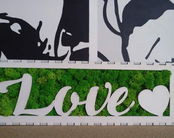 Love Letters/Canvas, Hanging art/moss decoration/wood/laser cut/white/office deco/perfect gift idea/interior design/green wall decor