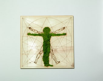 Wood Art with Natural preserved moss. Natural Plant Art decor. Laser cut forms. Wood&Moss Vitruvian man. Moss wall art.