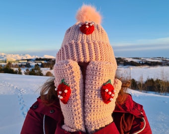 Strawberry Beanie and Mittens Crochet Pattern - Digital Download