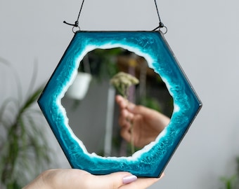 Resin sea art decorative mirror, Hexagon mirror wall hanging, Ocean wave accent mirror, Coastal bathroom mirror, Beach home decor