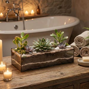 Puede incluir: Un terrario rectangular de vidrio con suculentas y tierra se encuentra sobre una mesa de madera. Velas encendidas y toallas enrolladas crean un ambiente de spa. Una bañera blanca se ve al fondo. El terrario mide unos 30 cm de largo.