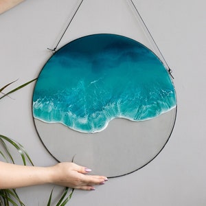 Round sea resin art, Resin ocean wave painting, Nautical coastal artwork, Tropical window hanging