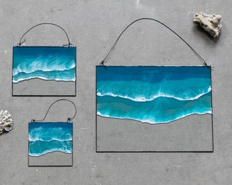 Resin ocean art wall hanging set, Rectangular glass floating frames with sea wave painting, Beach home decor