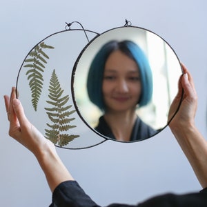 Stained glass mirror with crescent moon fern frame, Floating wall hanging art with round accent mirror and framed pressed plants