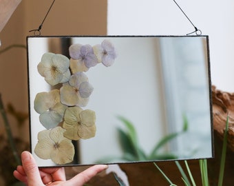 Stained glass mirror with pressed flower Hydrangea, Rectangular wall hanging mirror, Botanical floral decorative mirror