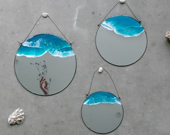 Ocean resin art mirror, Round wall hanging mirror set of 3, Fluid art home decor, Resin sea wave decorative mirror, Circle accent mirror