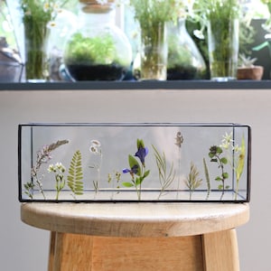 Stained glass terrarium with pressed flowers, Rectangular candle holder, Indoor garden planter, Succulent plant pot, Wedding centerpiece