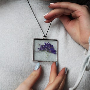 Stained glass Herbarium pendant, Botanical jewelry, geometric with pressed plants, wildflowers and leaves image 1