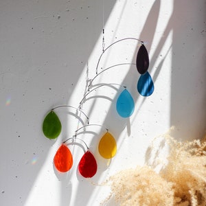 Rainbow stained glass mobile suncatcher, Colorful window hanging indoor decor, Bright floating glass drops light catcher, Christmas gift