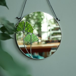 Ginkgo stained glass mirror, Small round wall mirror, Circle wall hanging mirror, Botanical plant home decor