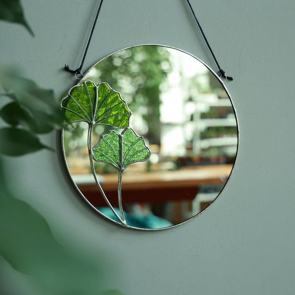 Ginkgo-Buntglas-Spiegel, kleiner runder Wandspiegel, runder Wandspiegel, botanische Pflanze Wohndekor