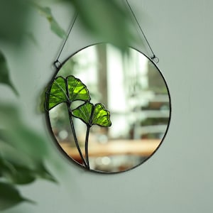 Round stained glass mirror with Ginkgo leaves, Circle wall hanging mirror, Botanical plant floating mirror, Bathroom accent mirror image 1