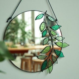 Glasspiegel mit Blättern, Kreis Wandspiegel, botanische Pflanze Schwimmspiegel, Boho Badezimmerdekor