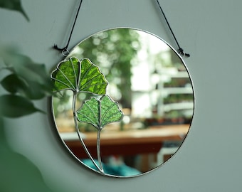 Ginkgo stained glass mirror, Small round wall mirror, Circle wall hanging mirror, Botanical plant home decor