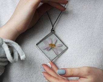 Stained glass Herbarium hangings. Botanical jewelry or geometric Christmas home decor with pressed plants, wildflowers and leaves.